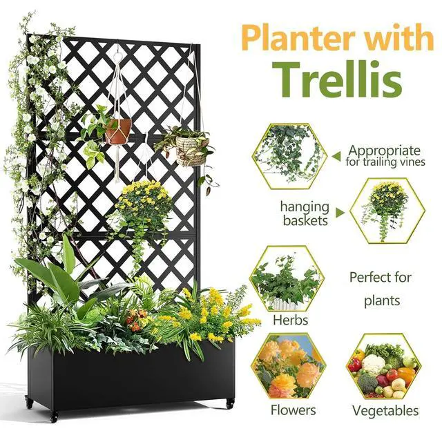 Alt view image 2 of 7 - Patikuin 72" Metal Raised Planter Box with Diamond Trellis & Lockable Wheels, Deep Galvanized Garden Bed with Privacy Screen & Drainage Holes, Black