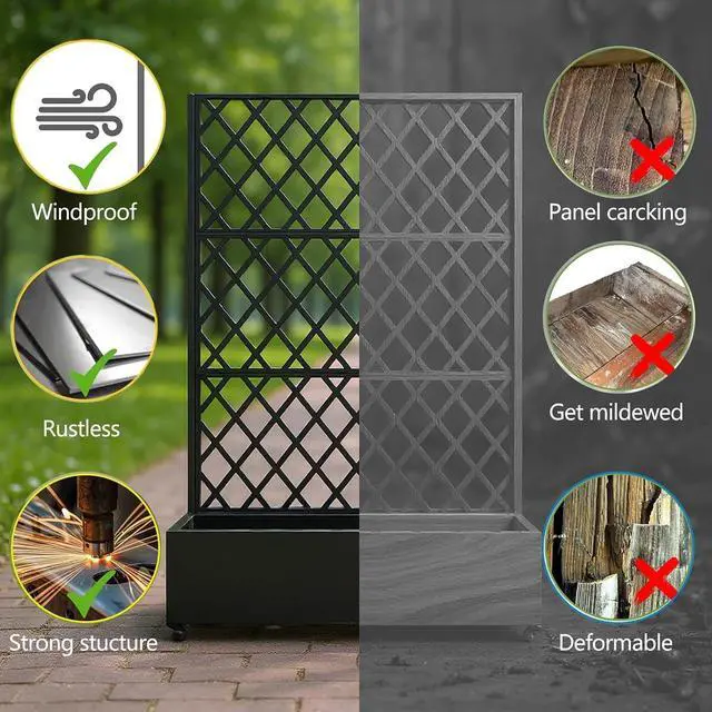 Alt view image 3 of 7 - Patikuin 72" Metal Raised Planter Box with Diamond Trellis & Lockable Wheels, Deep Galvanized Garden Bed with Privacy Screen & Drainage Holes, Black