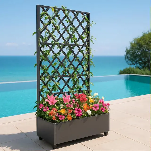 Alt view image 5 of 7 - Patikuin 72" Metal Raised Planter Box with Diamond Trellis & Lockable Wheels, Deep Galvanized Garden Bed with Privacy Screen & Drainage Holes, Black