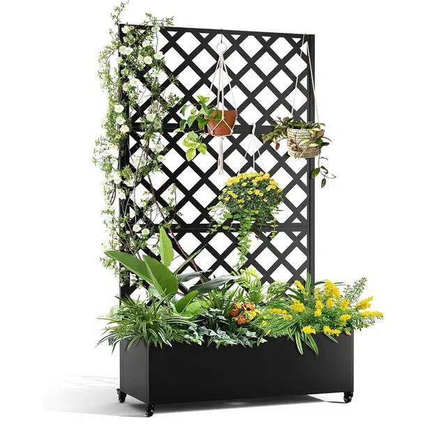Alt view image 7 of 7 - Patikuin 72" Metal Raised Planter Box with Diamond Trellis & Lockable Wheels, Deep Galvanized Garden Bed with Privacy Screen & Drainage Holes, Black