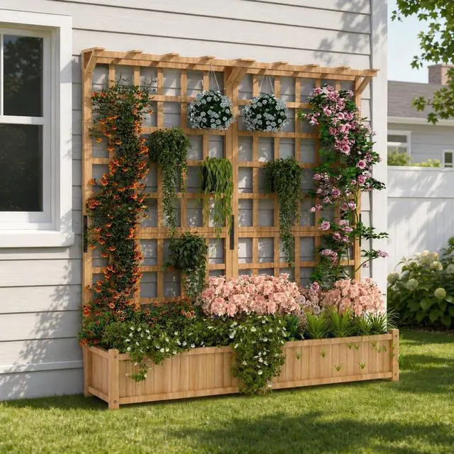 Main image of Patikuin Two-Tier Wooden Raised Garden Planter Box with Trellis & Gable Roof, 1.4FT Deep Bed, 8 Drainage Holes for Climbing Plants, Vegetables, Flowers