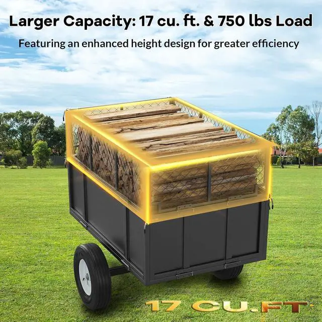 Alt view image 4 of 7 - patikuin Heavy Duty Utility Dump Cart 750 lbs Capacity, 17 Cu.Ft Steel Trailer, Collapsible Mesh Sides, Pneumatic Tires, Tow-Behind Wagon for Lawn Tractor, ATV, UTV Versatile for Yard, Lawn &