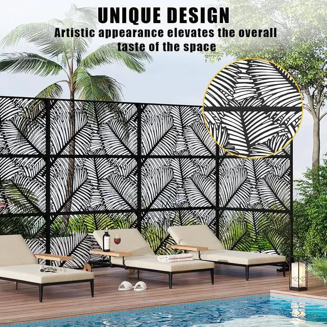 Alt view image 3 of 7 - Patikuin Metal Privacy Screen with Stand, Decorative Outdoor Room Divider Panels, Freestanding Patio Partition for Deck, Balcony, Garden, Indoor & Outdoor Use, Foliage Pattern