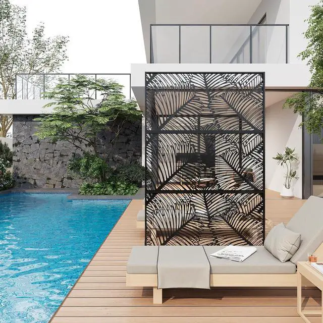 Alt view image 7 of 7 - Patikuin Metal Privacy Screen with Stand, Decorative Outdoor Room Divider Panels, Freestanding Patio Partition for Deck, Balcony, Garden, Indoor & Outdoor Use, Foliage Pattern