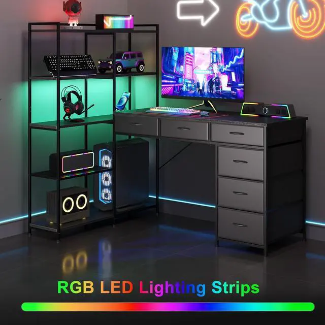 Alt view image 6 of 7 - Patikuin Spacious L-Shaped Computer Desk with 6 Fabric Drawers, 5-Tier Open Storage Shelves, Power Outlets & LED Lights Modern Corner Gaming Workstation, Sturdy PC Table for Home Office, Black