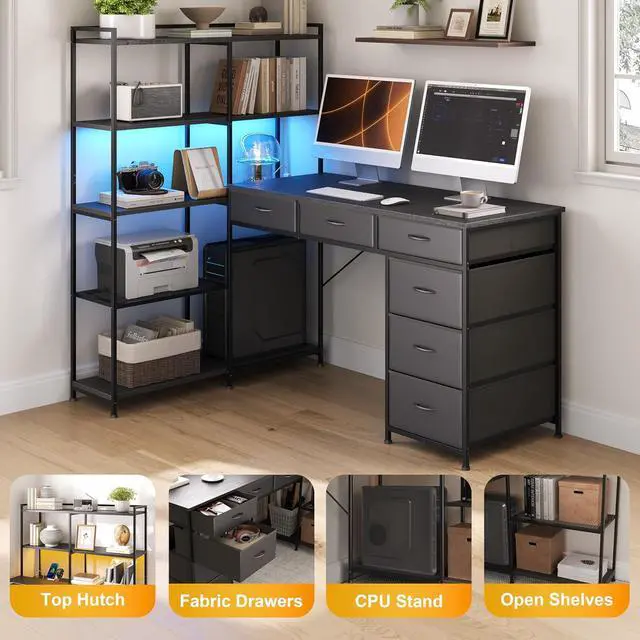 Alt view image 7 of 7 - Patikuin Spacious L-Shaped Computer Desk with 6 Fabric Drawers, 5-Tier Open Storage Shelves, Power Outlets & LED Lights Modern Corner Gaming Workstation, Sturdy PC Table for Home Office, Black