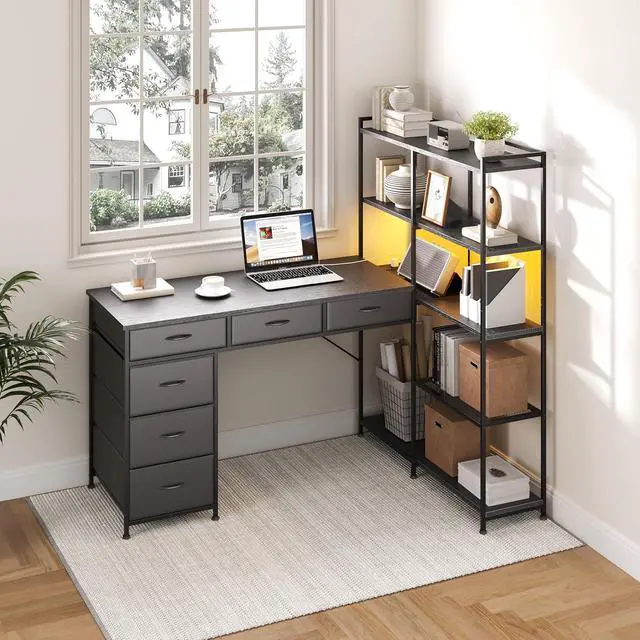 Alt view image 4 of 7 - Patikuin Spacious L-Shaped Computer Desk with 6 Fabric Drawers, 5-Tier Open Storage Shelves, Power Outlets & LED Lights Modern Corner Gaming Workstation, Sturdy PC Table for Home Office, Black