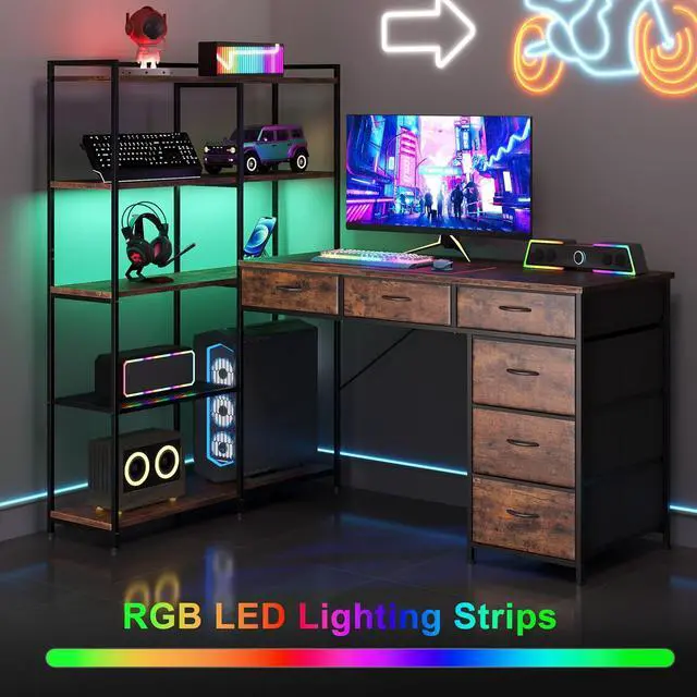 Alt view image 3 of 7 - Spacious L-Shaped Gaming Computer Desk with 6 Fabric Drawers, 5-Tier Open Storage Shelves, LED Lights & Power Outlets Modern Home Office Corner Workstation, Sturdy Wooden Table, Rustic Brown