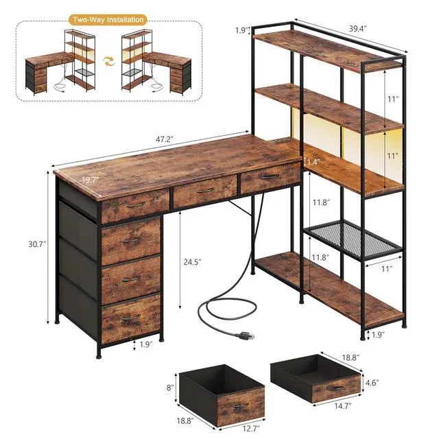 Alt view image 2 of 7 - Spacious L-Shaped Gaming Computer Desk with 6 Fabric Drawers, 5-Tier Open Storage Shelves, LED Lights & Power Outlets Modern Home Office Corner Workstation, Sturdy Wooden Table, Rustic Brown