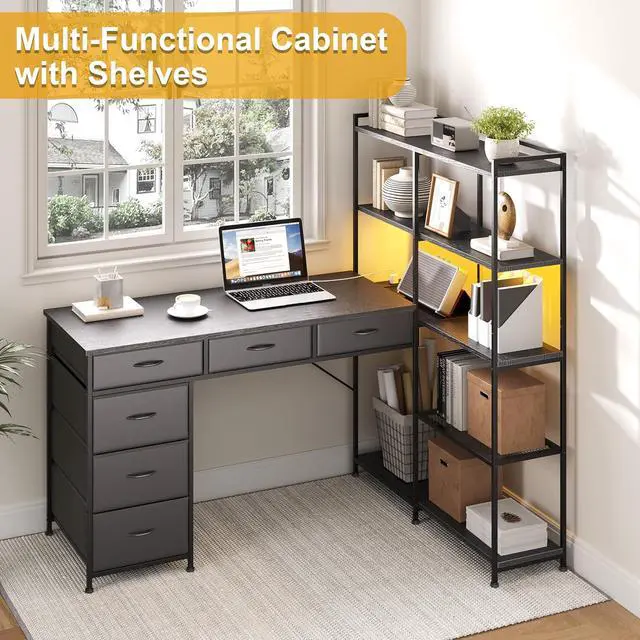 Alt view image 5 of 7 - Patikuin Spacious L-Shaped Computer Desk with 6 Fabric Drawers, 5-Tier Open Storage Shelves, Power Outlets & LED Lights Modern Corner Gaming Workstation, Sturdy PC Table for Home Office, Black