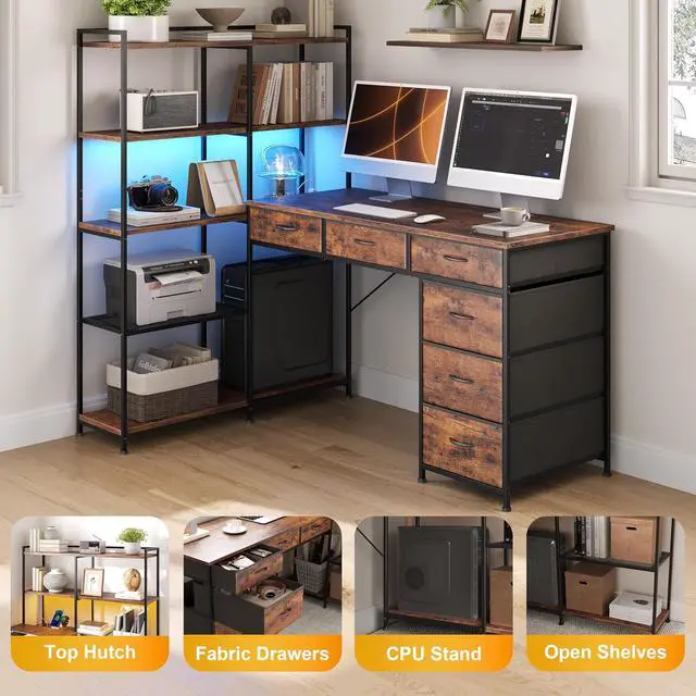 Alt view image 5 of 7 - Spacious L-Shaped Gaming Computer Desk with 6 Fabric Drawers, 5-Tier Open Storage Shelves, LED Lights & Power Outlets Modern Home Office Corner Workstation, Sturdy Wooden Table, Rustic Brown