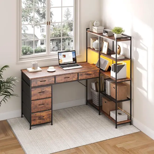 Alt view image 6 of 7 - Spacious L-Shaped Gaming Computer Desk with 6 Fabric Drawers, 5-Tier Open Storage Shelves, LED Lights & Power Outlets Modern Home Office Corner Workstation, Sturdy Wooden Table, Rustic Brown