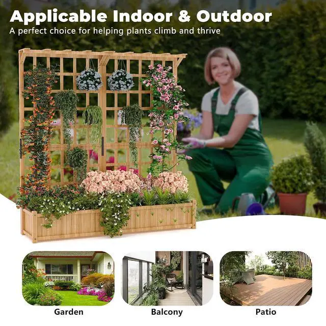 Alt view image 5 of 7 - Patikuin Two-Tier Wooden Raised Garden Planter Box with Trellis & Gable Roof, 1.4FT Deep Bed, 8 Drainage Holes for Climbing Plants, Vegetables, Flowers