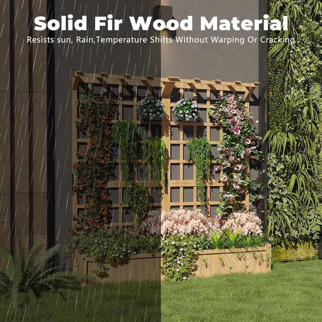 Alt view image 4 of 7 - Patikuin Two-Tier Wooden Raised Garden Planter Box with Trellis & Gable Roof, 1.4FT Deep Bed, 8 Drainage Holes for Climbing Plants, Vegetables, Flowers