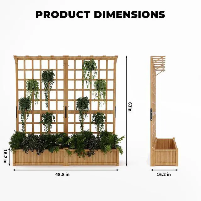Alt view image 7 of 7 - Patikuin Two-Tier Wooden Raised Garden Planter Box with Trellis & Gable Roof, 1.4FT Deep Bed, 8 Drainage Holes for Climbing Plants, Vegetables, Flowers