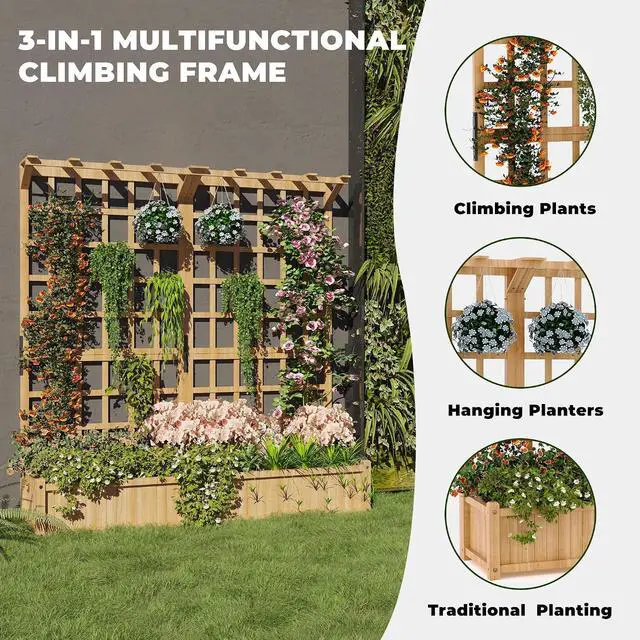 Alt view image 2 of 7 - Patikuin Two-Tier Wooden Raised Garden Planter Box with Trellis & Gable Roof, 1.4FT Deep Bed, 8 Drainage Holes for Climbing Plants, Vegetables, Flowers