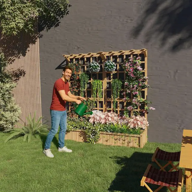 Alt view image 6 of 7 - Patikuin Two-Tier Wooden Raised Garden Planter Box with Trellis & Gable Roof, 1.4FT Deep Bed, 8 Drainage Holes for Climbing Plants, Vegetables, Flowers