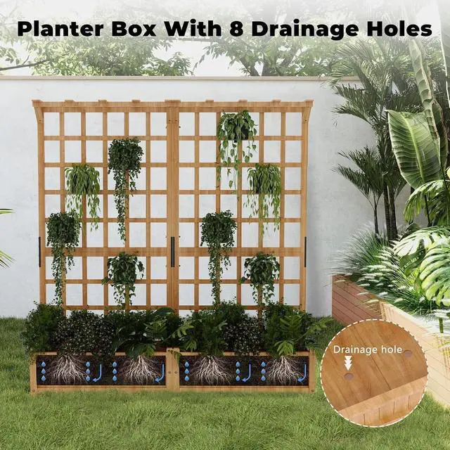 Alt view image 3 of 7 - Patikuin Two-Tier Wooden Raised Garden Planter Box with Trellis & Gable Roof, 1.4FT Deep Bed, 8 Drainage Holes for Climbing Plants, Vegetables, Flowers