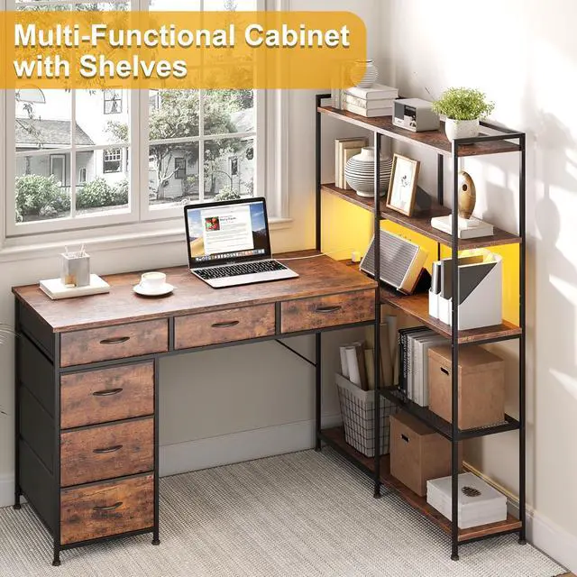 Alt view image 7 of 7 - Spacious L-Shaped Gaming Computer Desk with 6 Fabric Drawers, 5-Tier Open Storage Shelves, LED Lights & Power Outlets Modern Home Office Corner Workstation, Sturdy Wooden Table, Rustic Brown