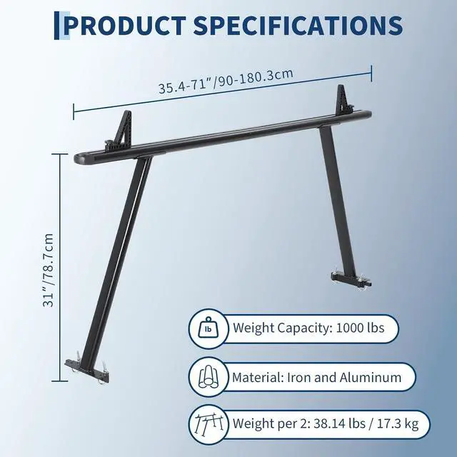 Alt view image 2 of 7 - Heavy Duty Adjustable Aluminum Truck Ladder Rack for Pickup Bed 1000 lbs Capacity, 35-71 Inch, Global No-Drill Fit, 8 J-Bolts, Iron Legs Fits Ford, Chevrolet, Toyota, RAM, Kayaks, Ladders,
