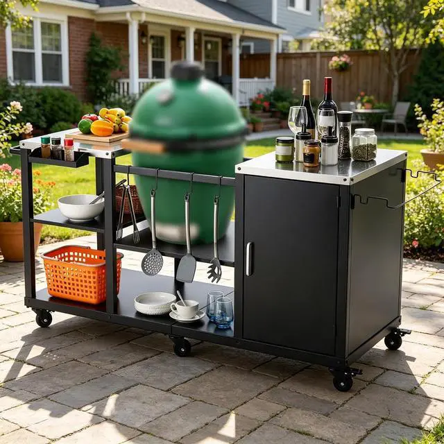 Main image of Patikuin Heavy Duty Metal Grill Cart Table for Kamado & XL Green Egg, Outdoor BBQ Prep Station with Stainless Steel Top, Storage Cabinet, Wheels & Hooks for Backyard Cooking