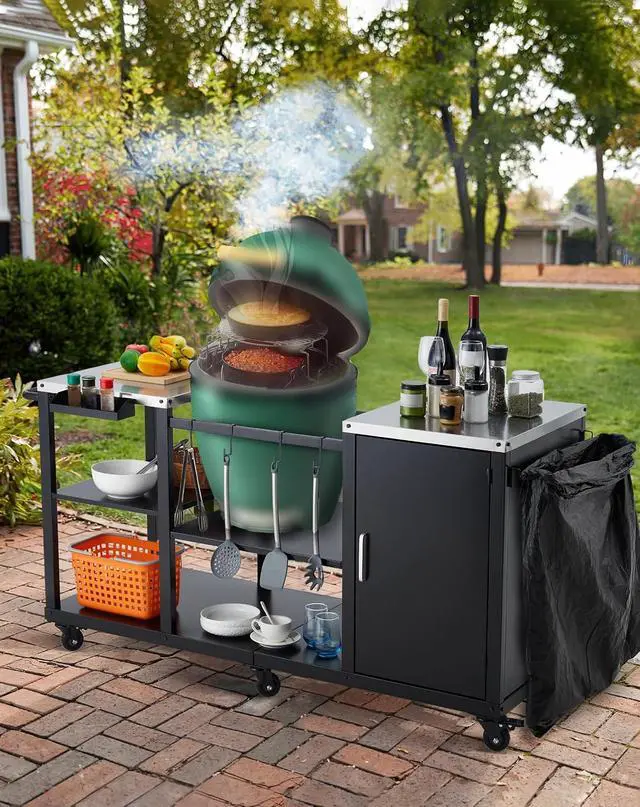 Alt view image 2 of 7 - Patikuin Heavy Duty Metal Grill Cart Table for Kamado & XL Green Egg, Outdoor BBQ Prep Station with Stainless Steel Top, Storage Cabinet, Wheels & Hooks for Backyard Cooking