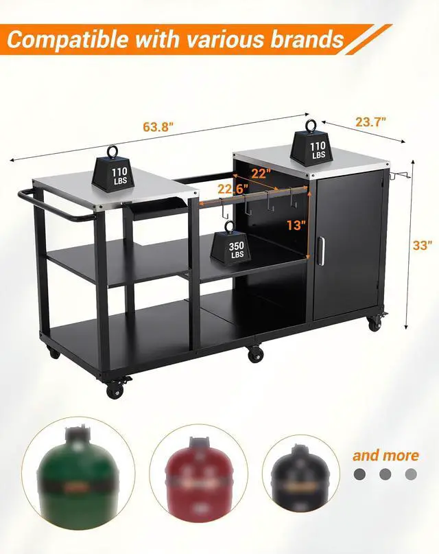 Alt view image 4 of 7 - Patikuin Heavy Duty Metal Grill Cart Table for Kamado & XL Green Egg, Outdoor BBQ Prep Station with Stainless Steel Top, Storage Cabinet, Wheels & Hooks for Backyard Cooking