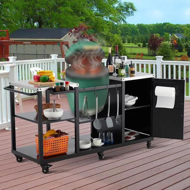 Alt view image 3 of 7 - Patikuin Heavy Duty Metal Grill Cart Table for Kamado & XL Green Egg, Outdoor BBQ Prep Station with Stainless Steel Top, Storage Cabinet, Wheels & Hooks for Backyard Cooking
