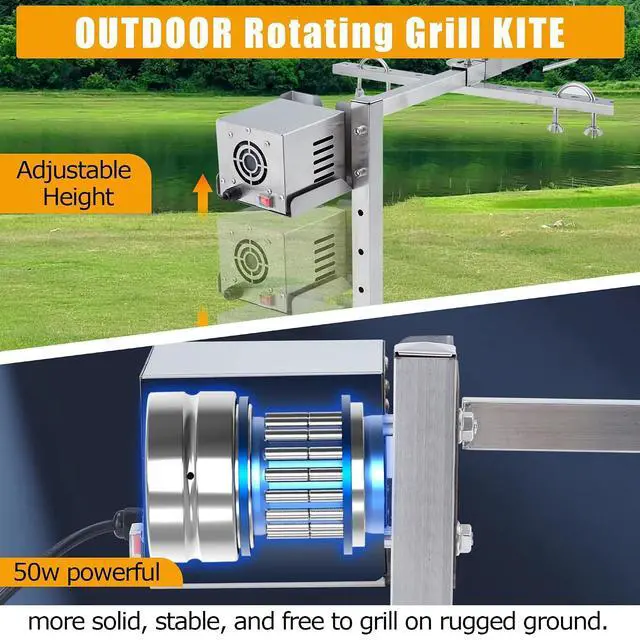 Alt view image 3 of 7 - Patikuin Heavy-Duty Stainless Steel Rotisserie Charcoal Grill, 132LB Capacity, Dual 50W Motors, 8-Level Adjustable Spit for Whole Pig Lamb Chicken, Outdoor BBQ & Large Events