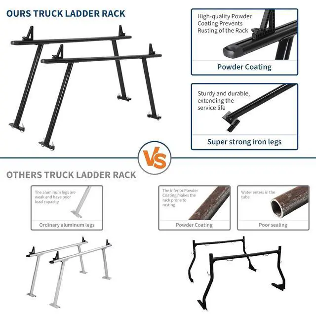 Alt view image 3 of 7 - Heavy Duty Adjustable Aluminum Truck Ladder Rack for Pickup Bed 1000 lbs Capacity, 35-71 Inch, Global No-Drill Fit, 8 J-Bolts, Iron Legs Fits Ford, Chevrolet, Toyota, RAM, Kayaks, Ladders,