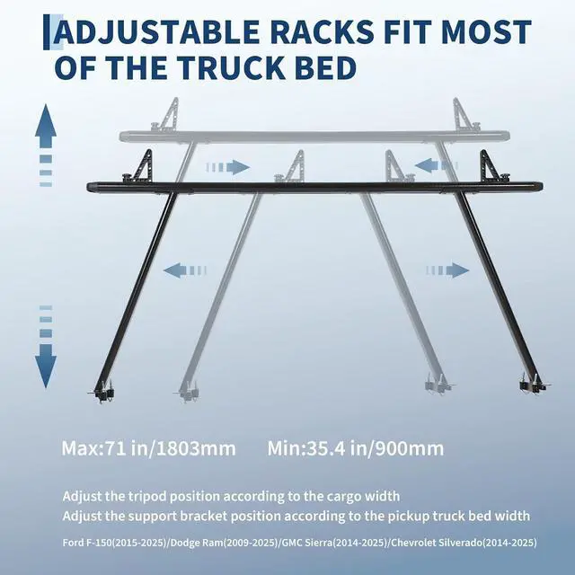 Alt view image 5 of 7 - Heavy Duty Adjustable Aluminum Truck Ladder Rack for Pickup Bed 1000 lbs Capacity, 35-71 Inch, Global No-Drill Fit, 8 J-Bolts, Iron Legs Fits Ford, Chevrolet, Toyota, RAM, Kayaks, Ladders,