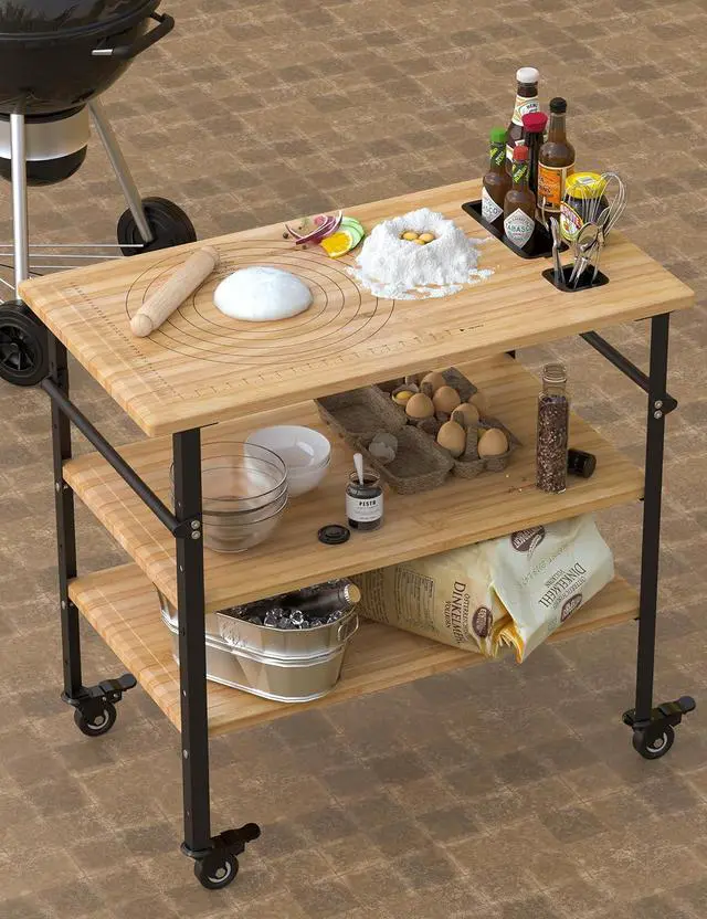 Alt view image 2 of 7 - Patikuin Heavy Duty Bamboo Pizza Oven Table, 3-Shelf Outdoor Grill Cart with Adjustable Height, 600 Lbs Capacity, Metal Wheels, BBQ Prep & Dining Table