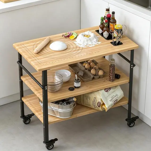 Main image of Patikuin Heavy Duty Bamboo Pizza Oven Table, 3-Shelf Outdoor Grill Cart with Adjustable Height, 600 Lbs Capacity, Metal Wheels, BBQ Prep & Dining Table