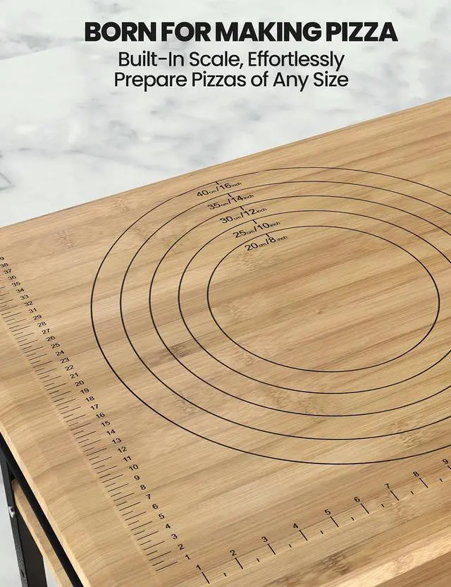 Alt view image 5 of 7 - Patikuin Heavy Duty Bamboo Pizza Oven Table, 3-Shelf Outdoor Grill Cart with Adjustable Height, 600 Lbs Capacity, Metal Wheels, BBQ Prep & Dining Table