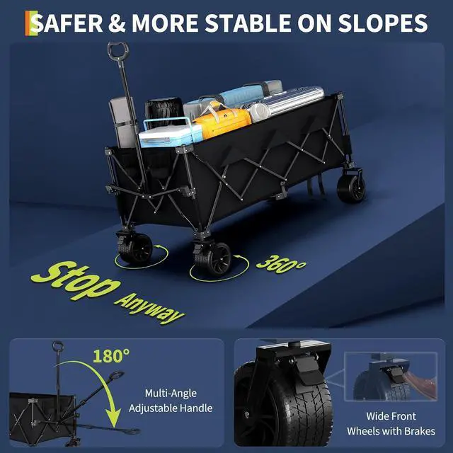 Alt view image 3 of 7 - Patikuin 52" Extra Long Collapsible Wagon Cart, 460lbs Heavy Duty Foldable Utility Wagon with All-Terrain Wheels, Iron Frame Portable Garden Cart for Beach Camping Shopping