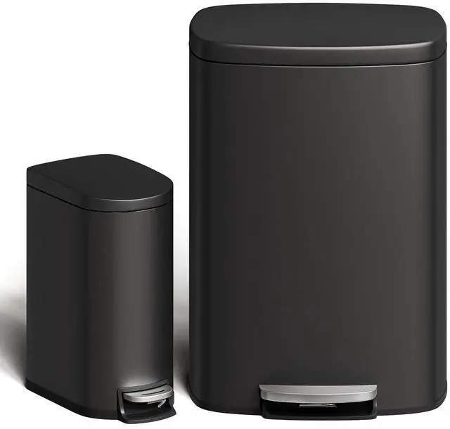 Main image of Patikuin 13 gal & 2.6 gal Metal Trash Can Combo Set, Stainless Steel Step-on Garbage Can with Soft-Close Lid, Removable Inner Bucket, Slim Design for Kitchen & Bathroom, Black