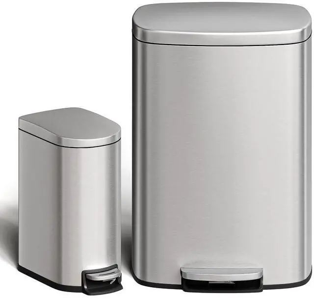 Main image of Patikuin 13 gal & 2.6 gal Metal Trash Can Combo Set, Stainless Steel Step-on Garbage Can with Soft-Close Lid, Removable Inner Bucket, Slim Design for Kitchen & Bathroom, Silver