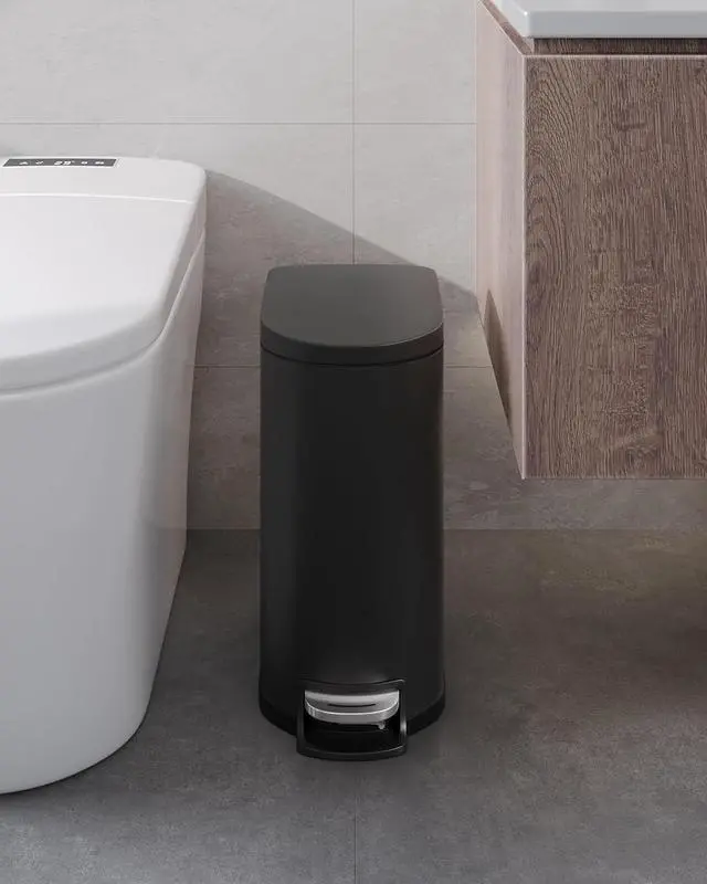 Alt view image 3 of 7 - Patikuin 13 gal & 2.6 gal Metal Trash Can Combo Set, Stainless Steel Step-on Garbage Can with Soft-Close Lid, Removable Inner Bucket, Slim Design for Kitchen & Bathroom, Black