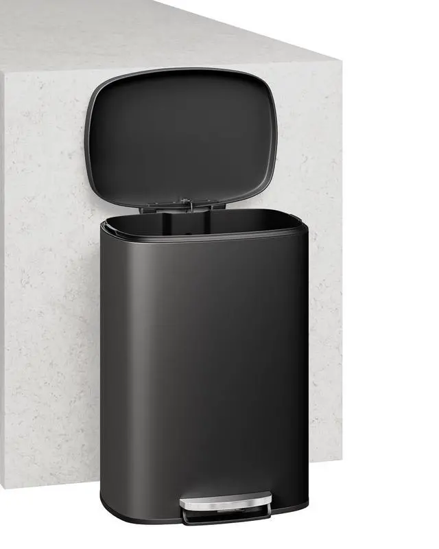 Alt view image 6 of 7 - Patikuin 13 gal & 2.6 gal Metal Trash Can Combo Set, Stainless Steel Step-on Garbage Can with Soft-Close Lid, Removable Inner Bucket, Slim Design for Kitchen & Bathroom, Black
