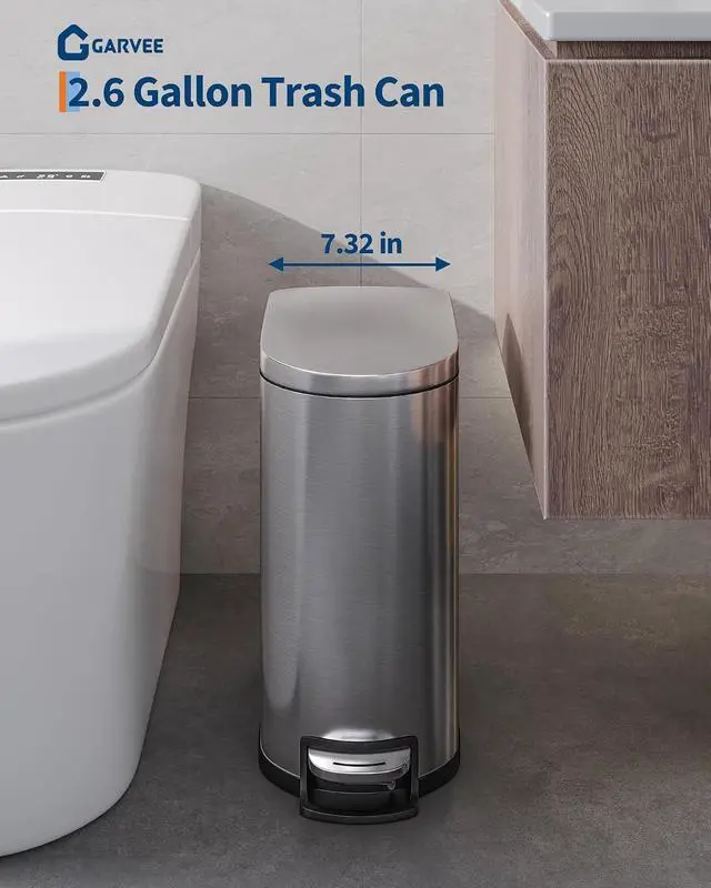 Alt view image 3 of 7 - Patikuin 13 gal & 2.6 gal Metal Trash Can Combo Set, Stainless Steel Step-on Garbage Can with Soft-Close Lid, Removable Inner Bucket, Slim Design for Kitchen & Bathroom, Silver