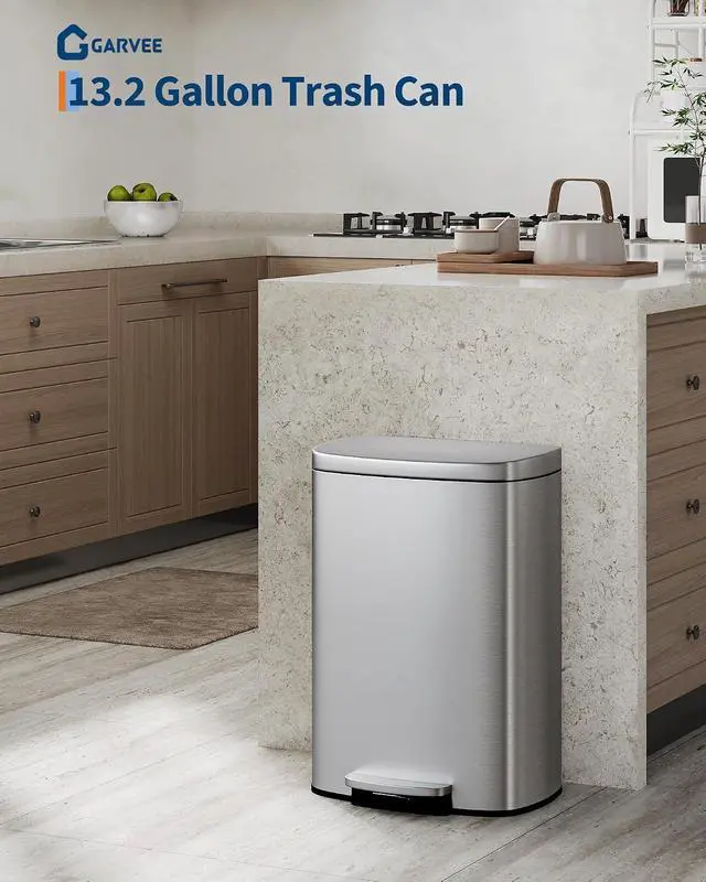 Alt view image 2 of 7 - Patikuin 13 gal & 2.6 gal Metal Trash Can Combo Set, Stainless Steel Step-on Garbage Can with Soft-Close Lid, Removable Inner Bucket, Slim Design for Kitchen & Bathroom, Silver