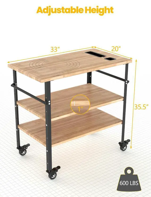 Alt view image 7 of 7 - Patikuin Heavy Duty Bamboo Pizza Oven Table, 3-Shelf Outdoor Grill Cart with Adjustable Height, 600 Lbs Capacity, Metal Wheels, BBQ Prep & Dining Table
