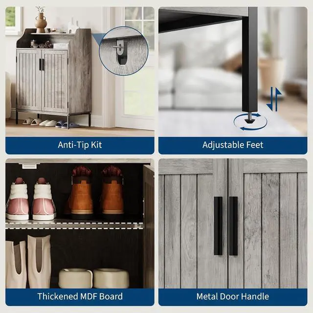 Alt view image 6 of 7 - Patikuin Shoe Storage Cabinet for Entryway, 5-Tier Gray Shoes Cabinet w/Doors and 3 Adjustable Shelves, 41" Tall Wood Shoe Rack for Closet, Modern Shoes Organizer for Entryway, Hallway, Living Room
