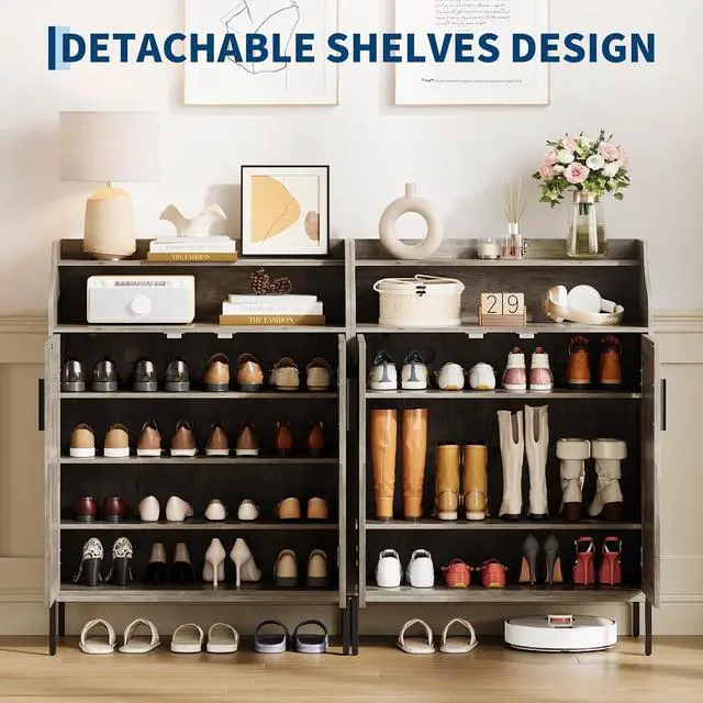 Alt view image 4 of 7 - Patikuin Shoe Storage Cabinet for Entryway, 5-Tier Gray Shoes Cabinet w/Doors and 3 Adjustable Shelves, 41" Tall Wood Shoe Rack for Closet, Modern Shoes Organizer for Entryway, Hallway, Living Room
