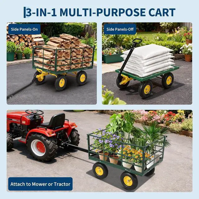 Alt view image 2 of 7 - Patikuin Heavy Duty Steel Garden Cart, 1500 Lbs Capacity 3-in-1 Utility Wagon, 13" All-Terrain Wheels, Removable Side Panels, Towable Trailer for Lawn, Yard, Farm, Tools, Firewood, Green