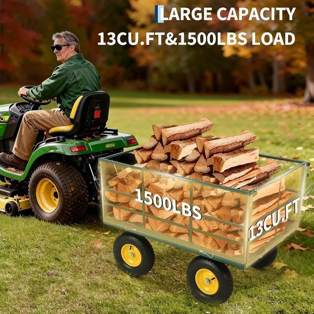 Alt view image 3 of 7 - Patikuin Heavy Duty Steel Garden Cart, 1500 Lbs Capacity 3-in-1 Utility Wagon, 13" All-Terrain Wheels, Removable Side Panels, Towable Trailer for Lawn, Yard, Farm, Tools, Firewood, Green