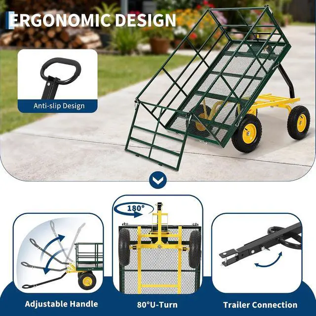 Alt view image 4 of 7 - Patikuin Heavy Duty Steel Garden Cart, 1500 Lbs Capacity 3-in-1 Utility Wagon, 13" All-Terrain Wheels, Removable Side Panels, Towable Trailer for Lawn, Yard, Farm, Tools, Firewood, Green