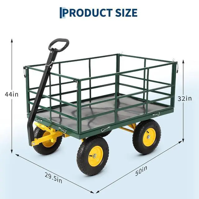 Alt view image 6 of 7 - Patikuin Heavy Duty Steel Garden Cart, 1500 Lbs Capacity 3-in-1 Utility Wagon, 13" All-Terrain Wheels, Removable Side Panels, Towable Trailer for Lawn, Yard, Farm, Tools, Firewood, Green