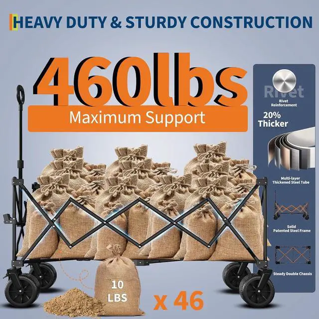 Alt view image 7 of 7 - Patikuin 52" Extra Long Collapsible Wagon Cart, 460lbs Heavy Duty Foldable Utility Wagon with All-Terrain Wheels, Iron Frame Portable Garden Cart for Beach Camping Shopping
