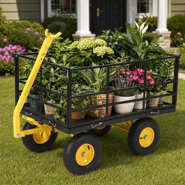 Main image of Patikuin Heavy Duty Steel Garden Cart, 1500 Lbs Capacity 3-in-1 Utility Wagon, 13" All-Terrain Wheels, Removable Side Panels, Towable Trailer for Lawn, Yard, Farm, Tools, Firewood, Black